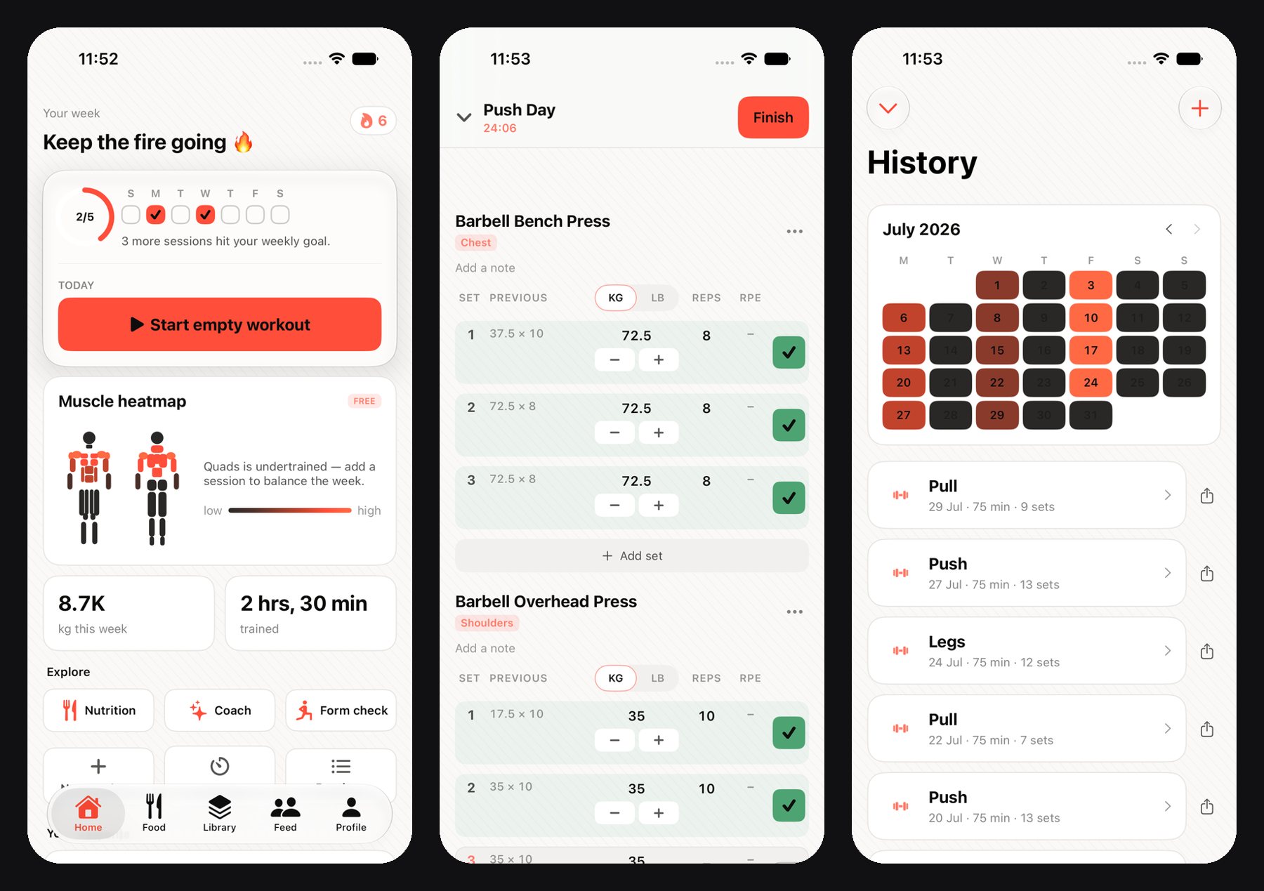 Krovu's home screen with the muscle heatmap, the set logger, and the workout history calendar