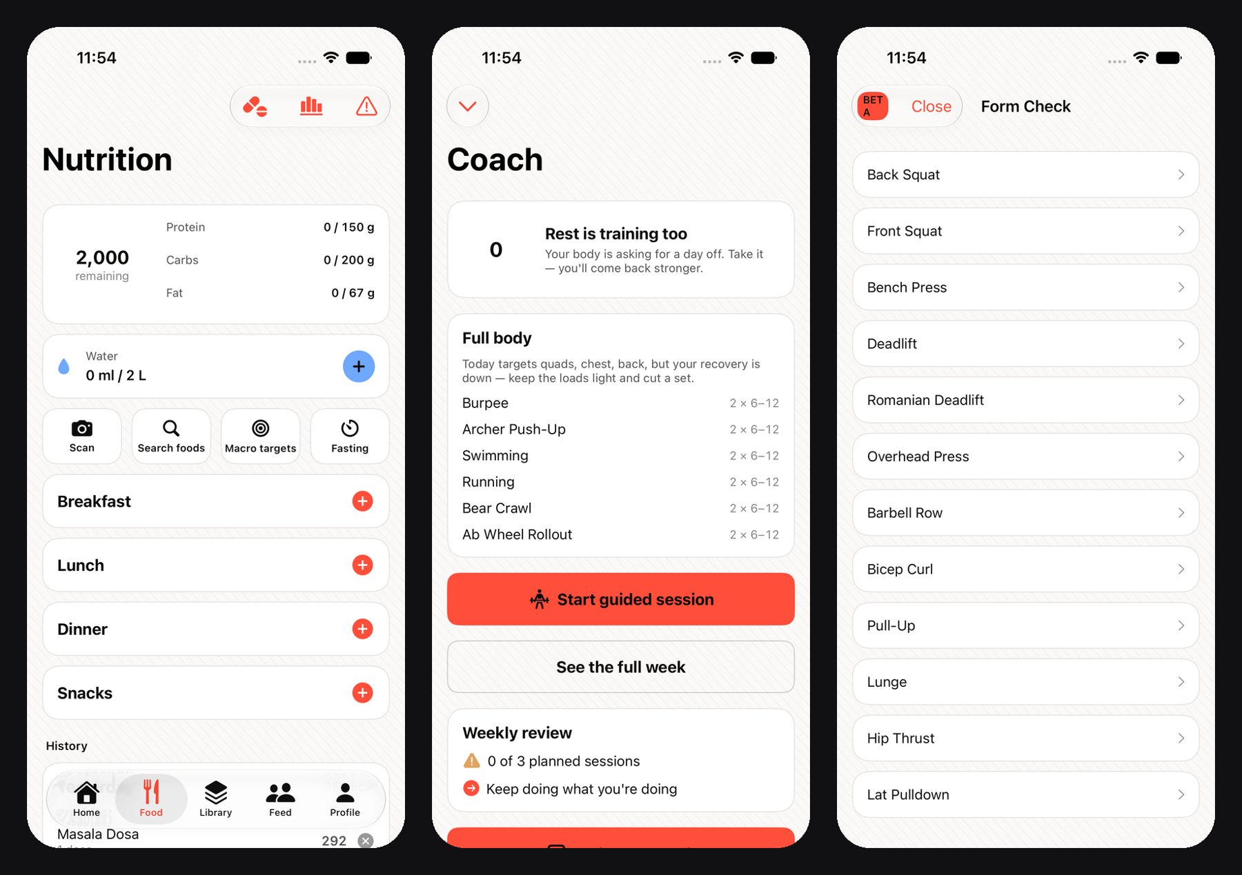 Krovu's nutrition logging, the AI coach's weekly plan, and the Form Check lift picker